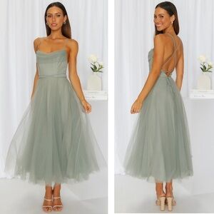 Hello Molly Signal My Way Tulle Midi Dress w/ Lace-Up Back in Sage, Size XS (2)